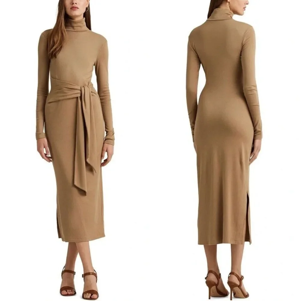 Ralph Lauren Womens Size M Camel Tie Front Turtleneck Sweater Bodycon Midi Dress